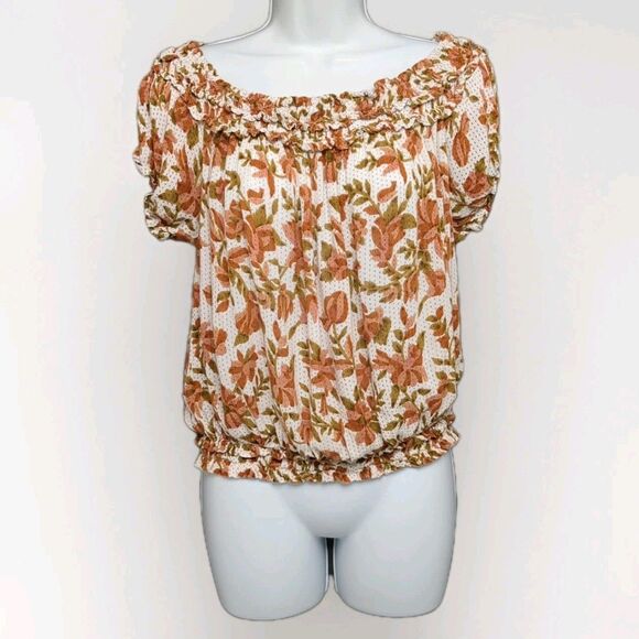 Free People FP One Suki Blouse Sz L Off Shoulder Two Way Top Orange Floral Print - Picture 2 of 11